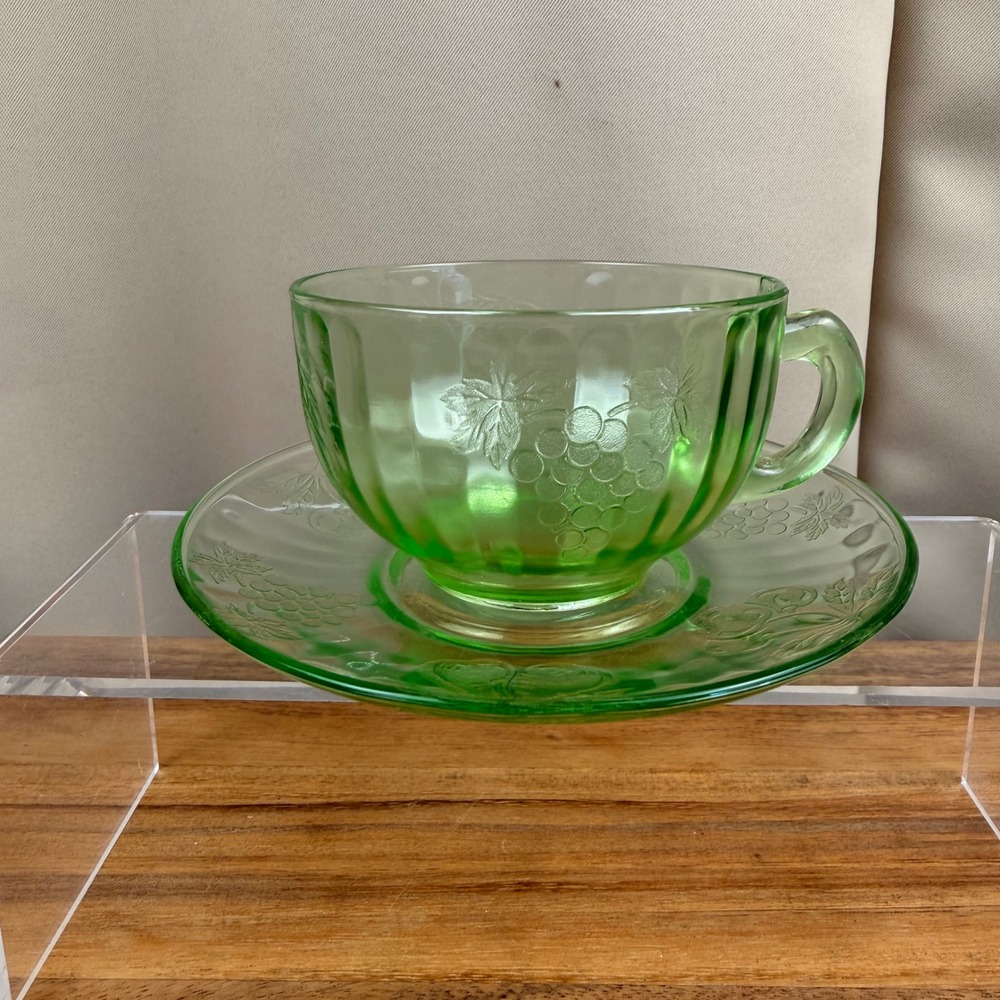 Hazel Atlas Fruits Cup Saucer Set Green Uranium Glass Vintage Depression Glass